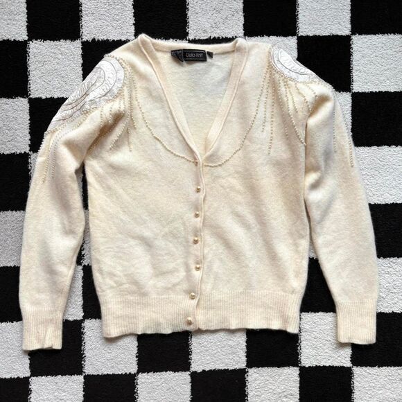 Vintage Lambswool Angora Cream Beaded Cardigan L - Picture 1 of 7
